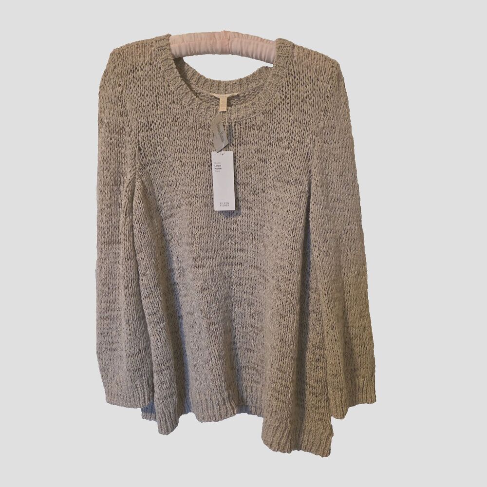 Eileen Fisher Sweater Linen Blend Loose Knit Beach Cottage Core NWT Beige Wom. L